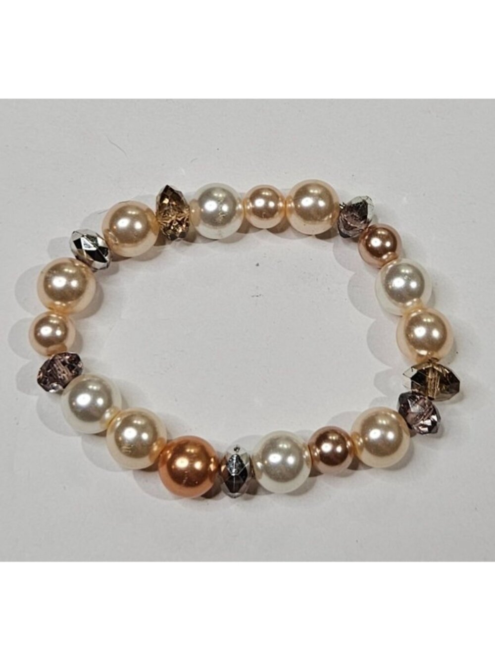 Plastic Faux Pearl Stretchy Bracelet Faceted Beads 5.75 inches Unstretched